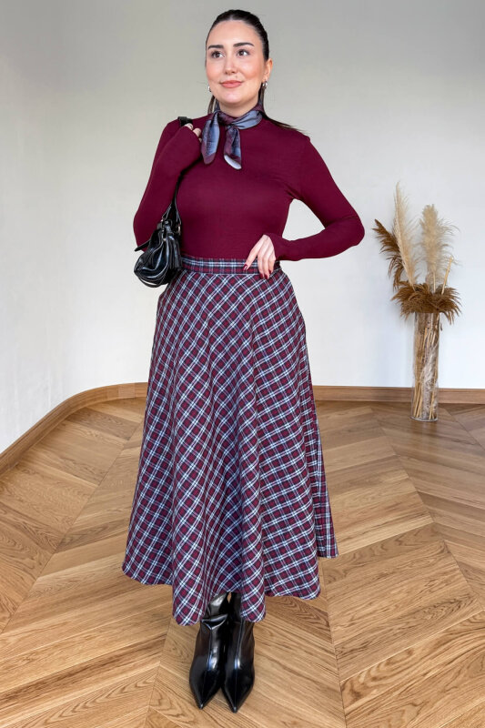 ETK-254086 Bordo Ekose Yandan Fermuarlı Maksi Etek - 1