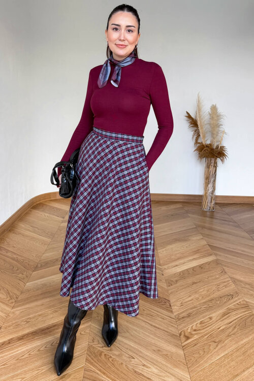 ETK-254086 Bordo Ekose Yandan Fermuarlı Maksi Etek - 3