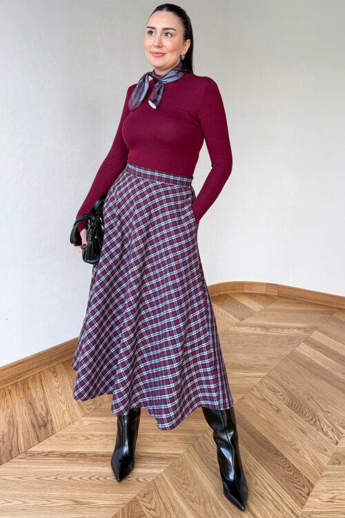 ETK-254086 Bordo Ekose Yandan Fermuarlı Maksi Etek - 4