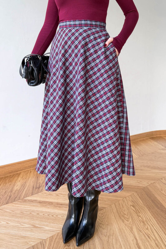 ETK-254086 Bordo Ekose Yandan Fermuarlı Maksi Etek - 2