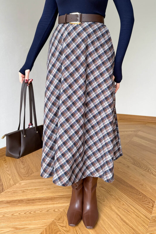 ETK-254086 Kahverengi Ekose Yandan Fermuarlı Maksi Etek - 2