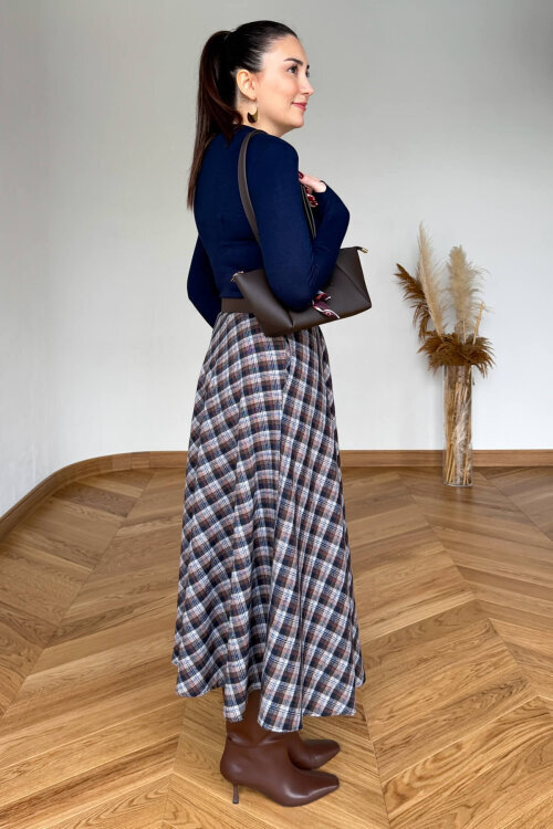 ETK-254086 Kahverengi Ekose Yandan Fermuarlı Maksi Etek - 3