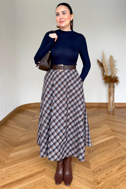 ETK-254086 Kahverengi Ekose Yandan Fermuarlı Maksi Etek - 5