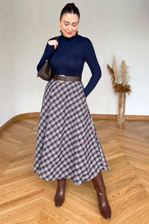 ETK-254086 Kahverengi Ekose Yandan Fermuarlı Maksi Etek