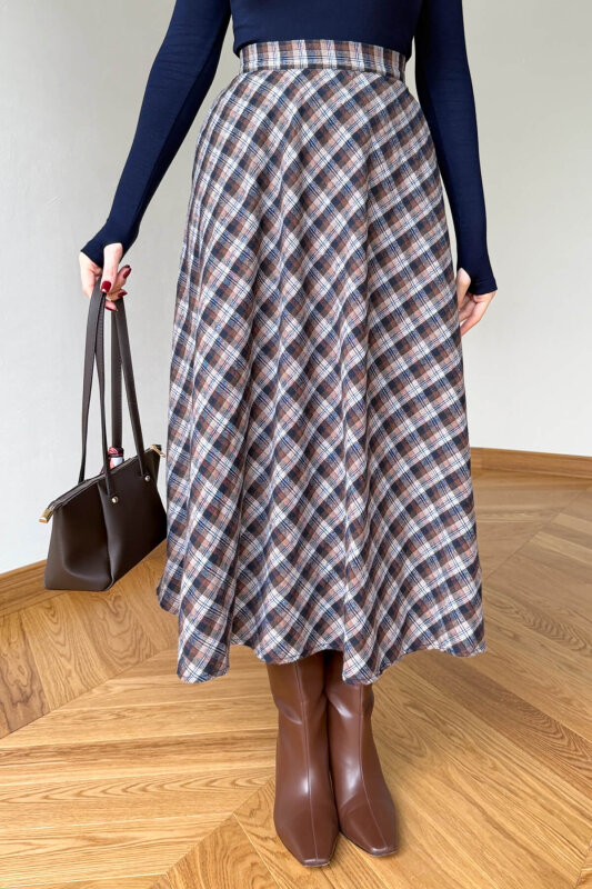 ETK-254086 Kahverengi Ekose Yandan Fermuarlı Maksi Etek - 7