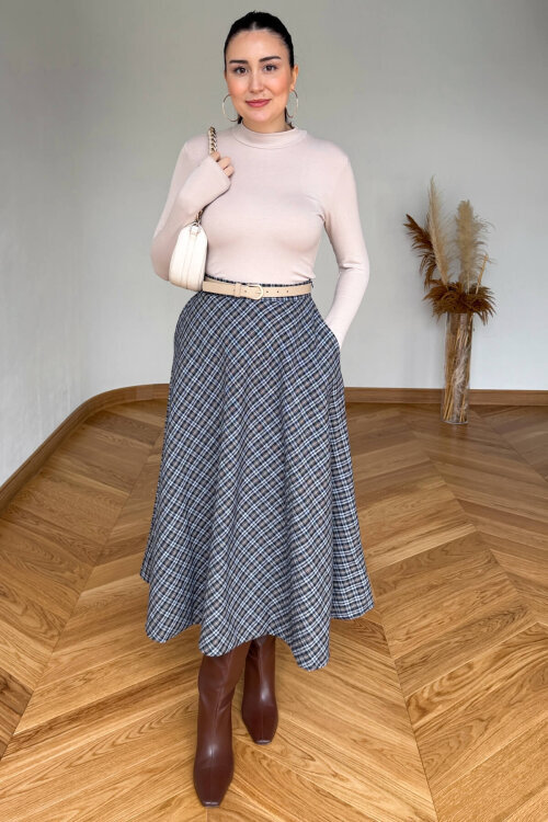 ETK-254086 Lacivert Ekose Yandan Fermuarlı Maksi Etek 