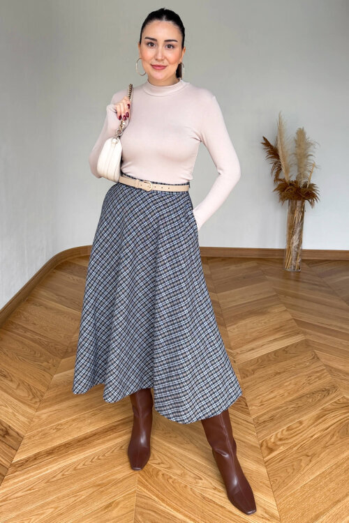 ETK-254086 Lacivert Ekose Yandan Fermuarlı Maksi Etek  - 3