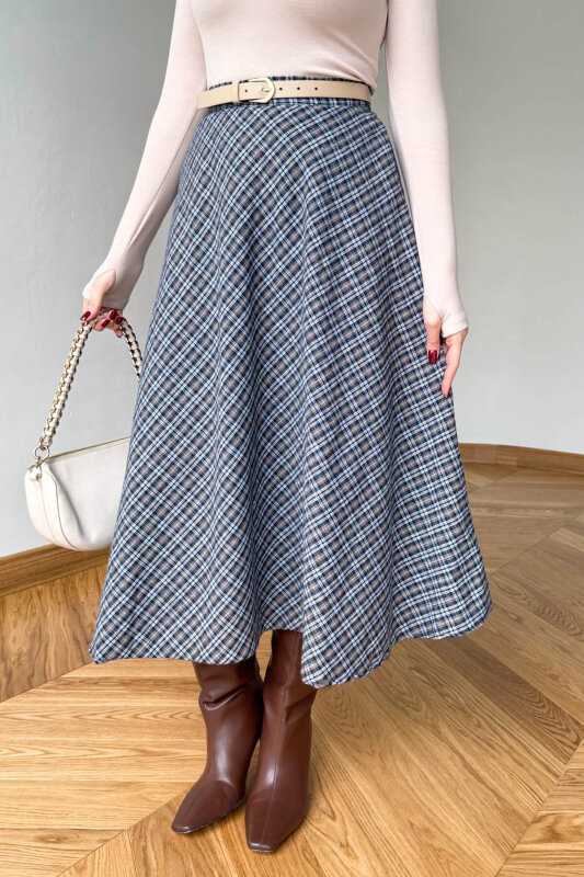 ETK-254086 Lacivert Ekose Yandan Fermuarlı Maksi Etek  - 2