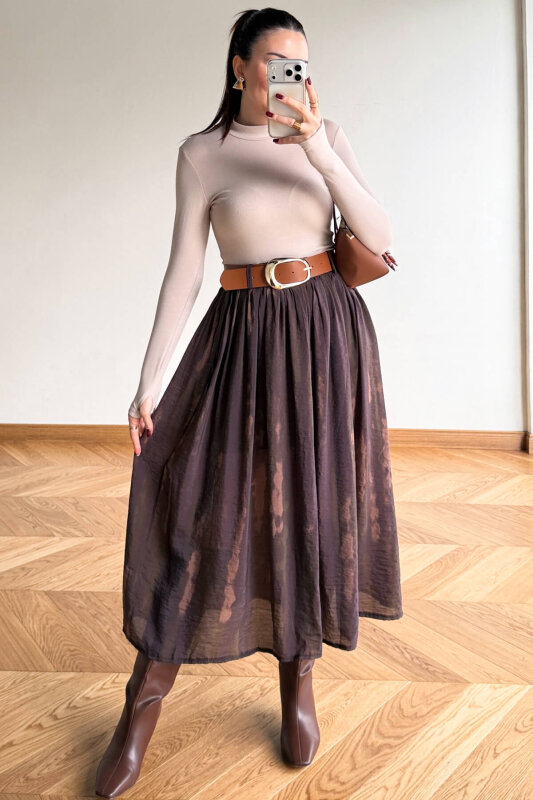 ETK-254090 Kahverengi Desenli Şifon Kemerli Maksi Etek - 6