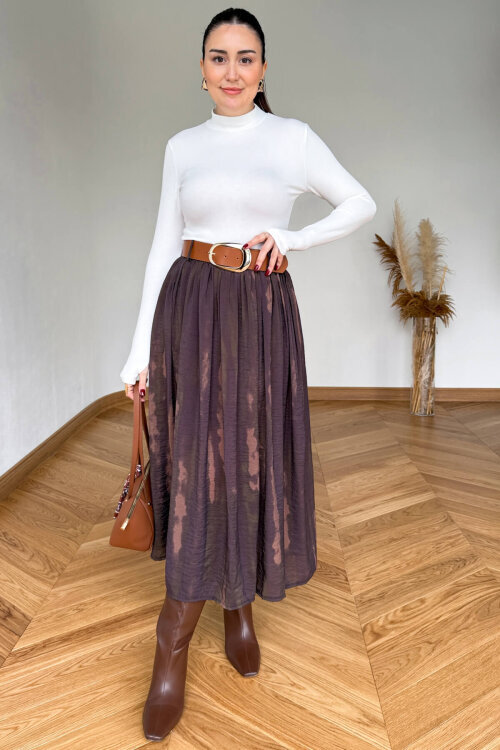 ETK-254090 Kahverengi Desenli Şifon Kemerli Maksi Etek