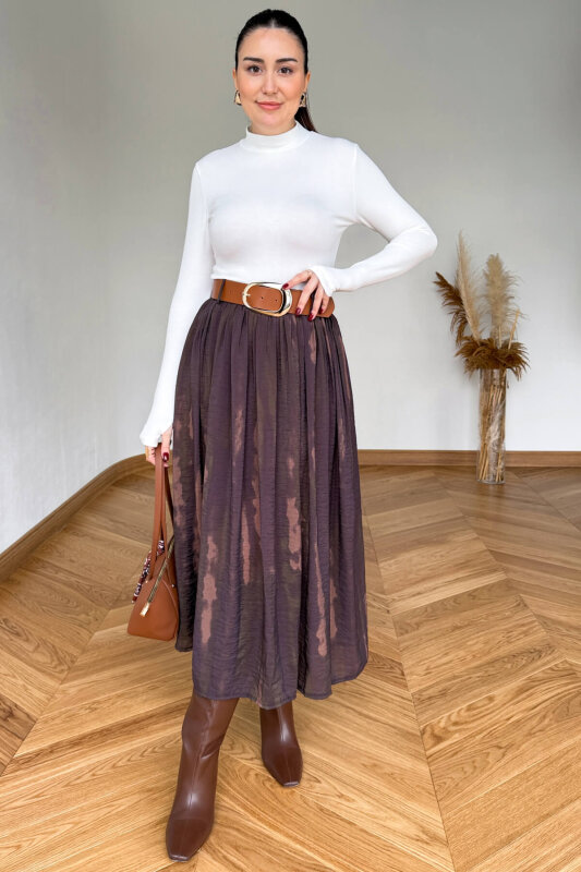 ETK-254090 Kahverengi Desenli Şifon Kemerli Maksi Etek - 1