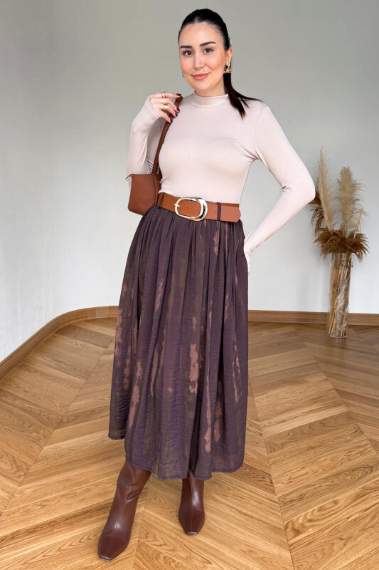 ETK-254090 Kahverengi Desenli Şifon Kemerli Maksi Etek - 7