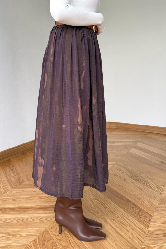 ETK-254090 Kahverengi Desenli Şifon Kemerli Maksi Etek - 5