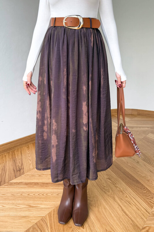 ETK-254090 Kahverengi Desenli Şifon Kemerli Maksi Etek - 2