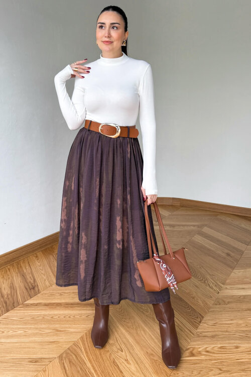 ETK-254090 Kahverengi Desenli Şifon Kemerli Maksi Etek - 4