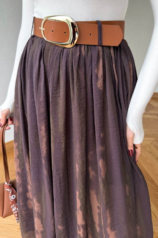 ETK-254090 Kahverengi Desenli Şifon Kemerli Maksi Etek - 3