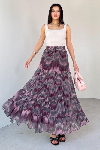 ETK-3279 Pudra Emprime Desenli Astarlı Katlı Etek - 1