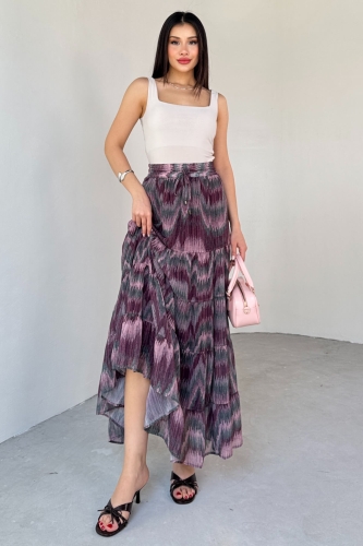 ETK-3279 Pudra Emprime Desenli Astarlı Katlı Etek - 2