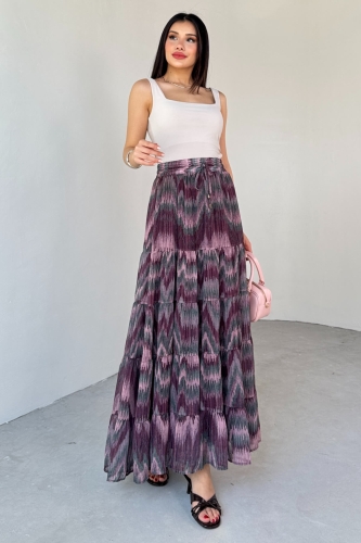 ETK-3279 Pudra Emprime Desenli Astarlı Katlı Etek - 3