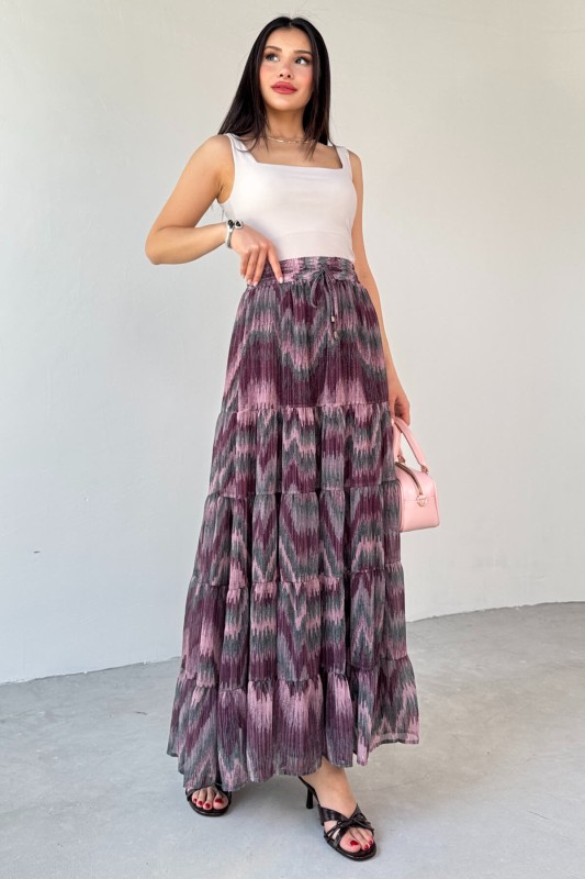 ETK-3279 Pudra Emprime Desenli Astarlı Katlı Etek - 4