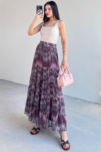 ETK-3279 Pudra Emprime Desenli Astarlı Katlı Etek - 5