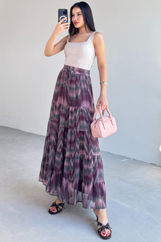 ETK-3279 Pudra Emprime Desenli Astarlı Katlı Etek - 5