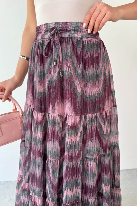 ETK-3279 Pudra Emprime Desenli Astarlı Katlı Etek - 6