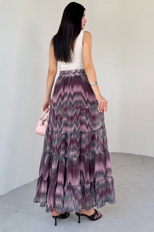 ETK-3279 Pudra Emprime Desenli Astarlı Katlı Etek - 7