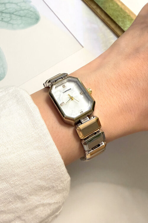 Glow Geometrik Gold-Silver Sedefli Kadran Çelik Kordon Kadın Kol Saati - 3