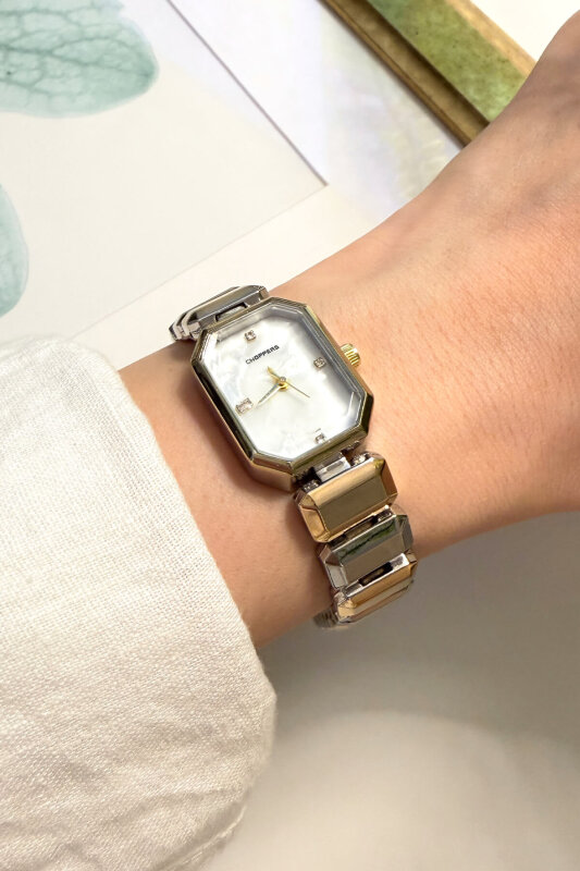 Glow Geometrik Gold-Silver Sedefli Kadran Çelik Kordon Kadın Kol Saati - 3