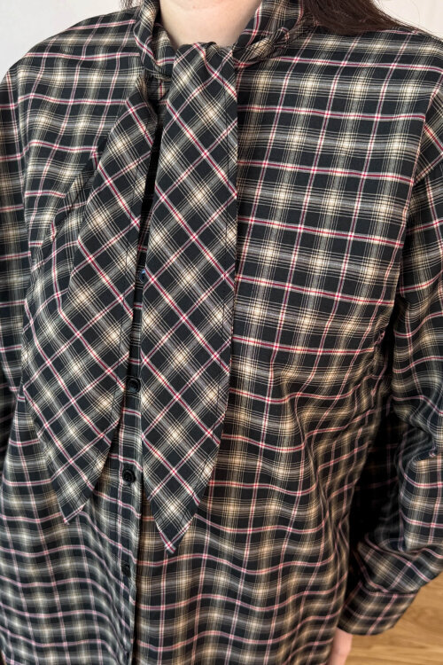 GML-0743 Kahve - Kırmızı Ekose Fular Detaylı Gömlek - 2