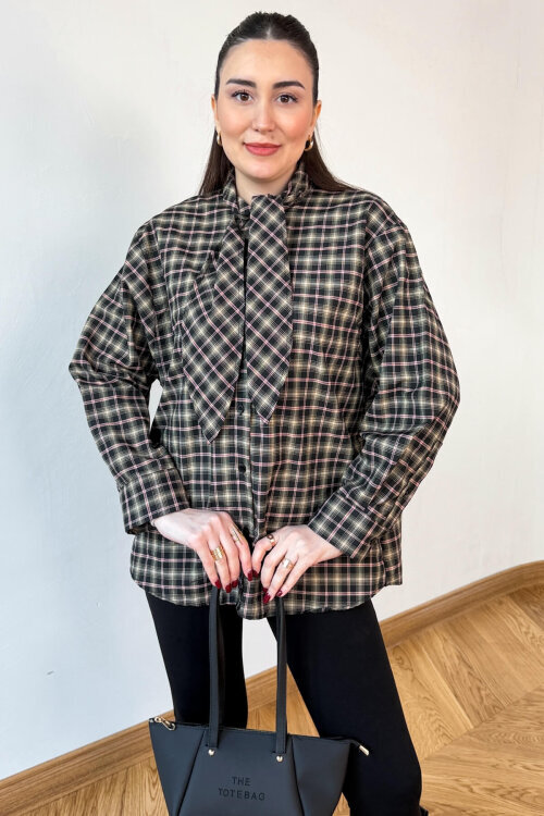 GML-0743 Kahve - Kırmızı Ekose Fular Detaylı Gömlek - 5