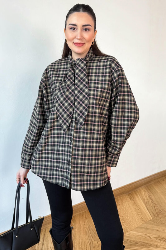 GML-0743 Kahve - Kırmızı Ekose Fular Detaylı Gömlek - 3