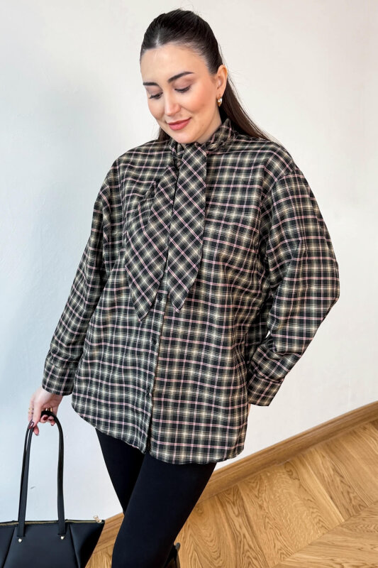 GML-0743 Kahve - Kırmızı Ekose Fular Detaylı Gömlek - 1