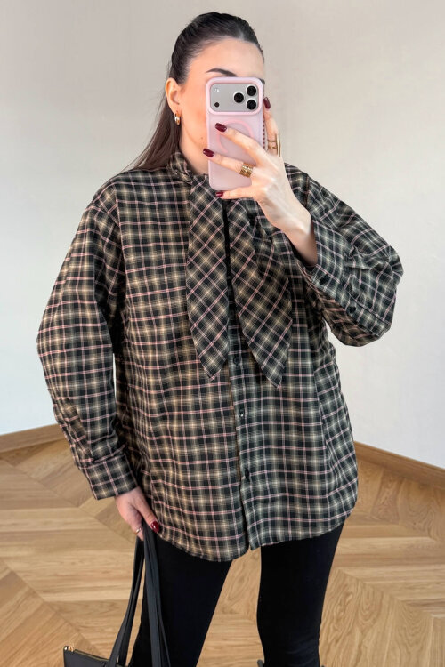 GML-0743 Kahve - Kırmızı Ekose Fular Detaylı Gömlek - 6