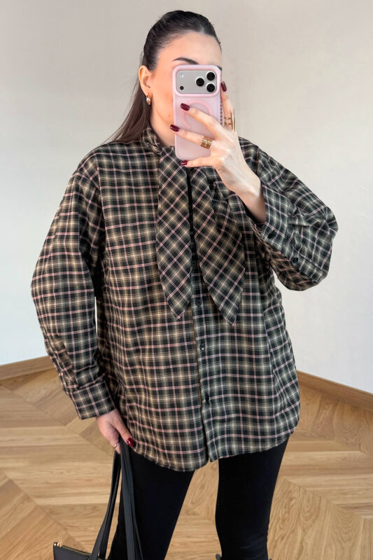 GML-0743 Kahve - Kırmızı Ekose Fular Detaylı Gömlek - 6