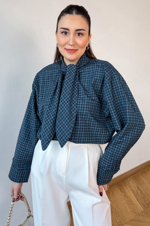 GML-0743 Lacivert - Yeşil Ekose Fular Detaylı Gömlek - 2