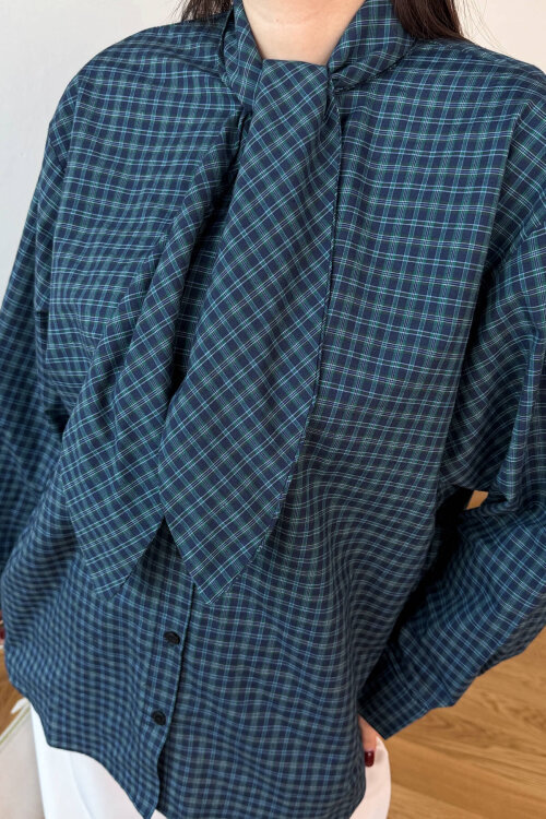 GML-0743 Lacivert - Yeşil Ekose Fular Detaylı Gömlek - 3
