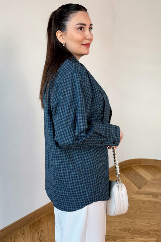 GML-0743 Lacivert - Yeşil Ekose Fular Detaylı Gömlek - 4