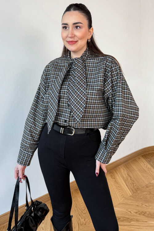 GML-0743 Vizon - Siyah  Ekose Fular Detaylı Gömlek - 2