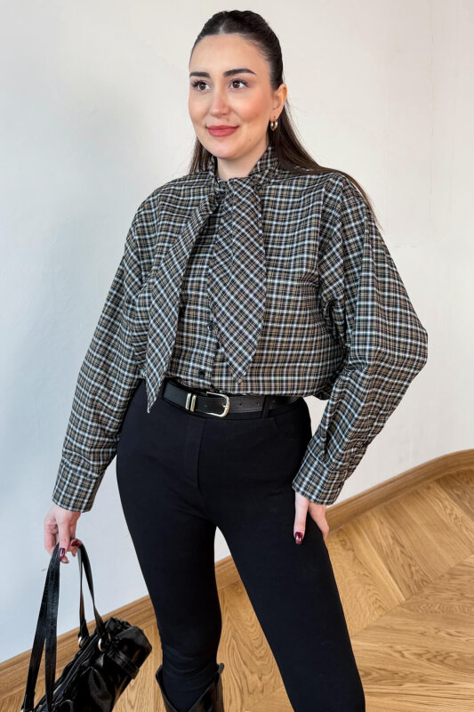 GML-0743 Vizon - Siyah  Ekose Fular Detaylı Gömlek - 2