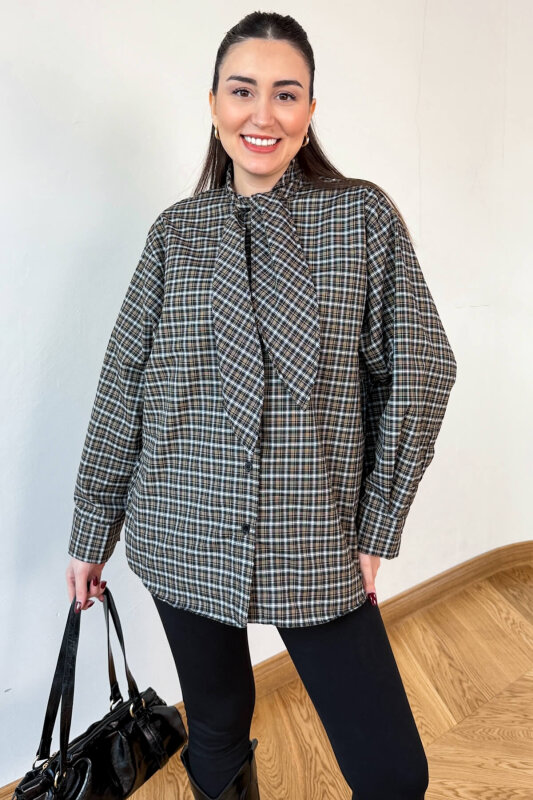 GML-0743 Vizon - Siyah  Ekose Fular Detaylı Gömlek - 3