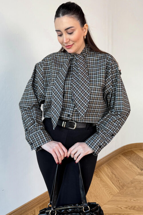 GML-0743 Vizon - Siyah  Ekose Fular Detaylı Gömlek 