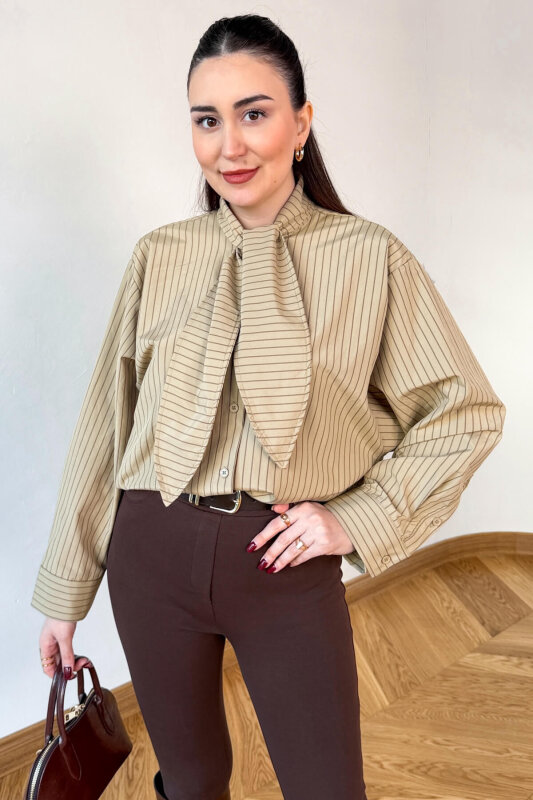 GML-0795 Bej Çizgili Oversize Fular Yaka Gömlek - 1