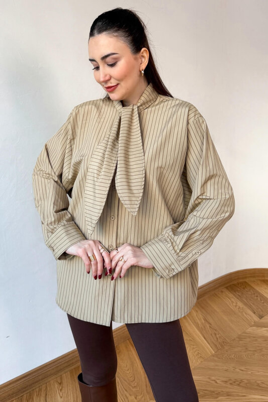 GML-0795 Bej Çizgili Oversize Fular Yaka Gömlek - 2