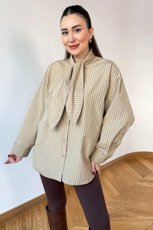 GML-0795 Bej Çizgili Oversize Fular Yaka Gömlek - 4