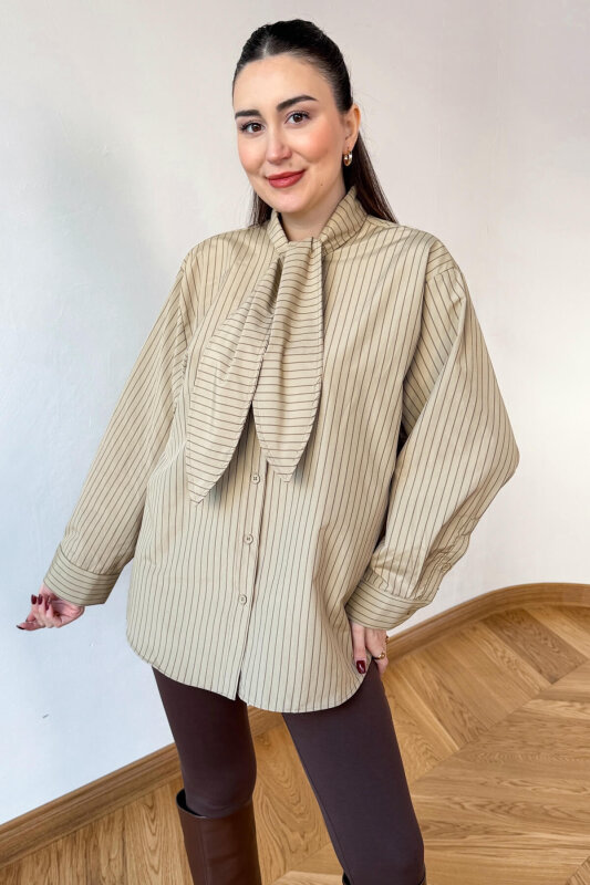 GML-0795 Bej Çizgili Oversize Fular Yaka Gömlek - 4
