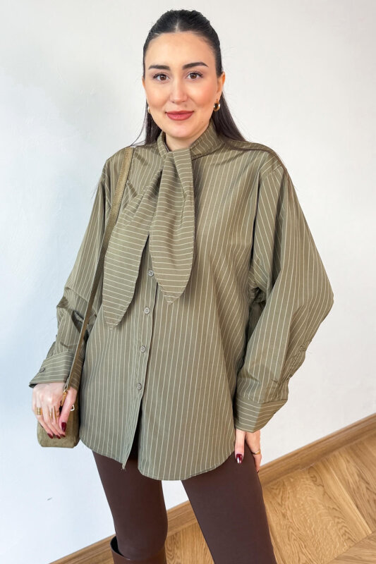 GML-0795 Haki Çizgili Oversize Fular Yaka Gömlek - 2