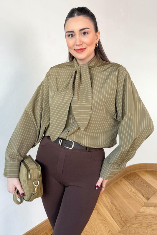 GML-0795 Haki Çizgili Oversize Fular Yaka Gömlek - 1