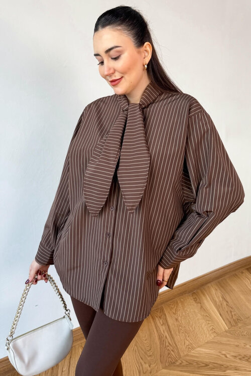 GML-0795 Kahverengi Çizgili Oversize Fular Yaka Gömlek - 2